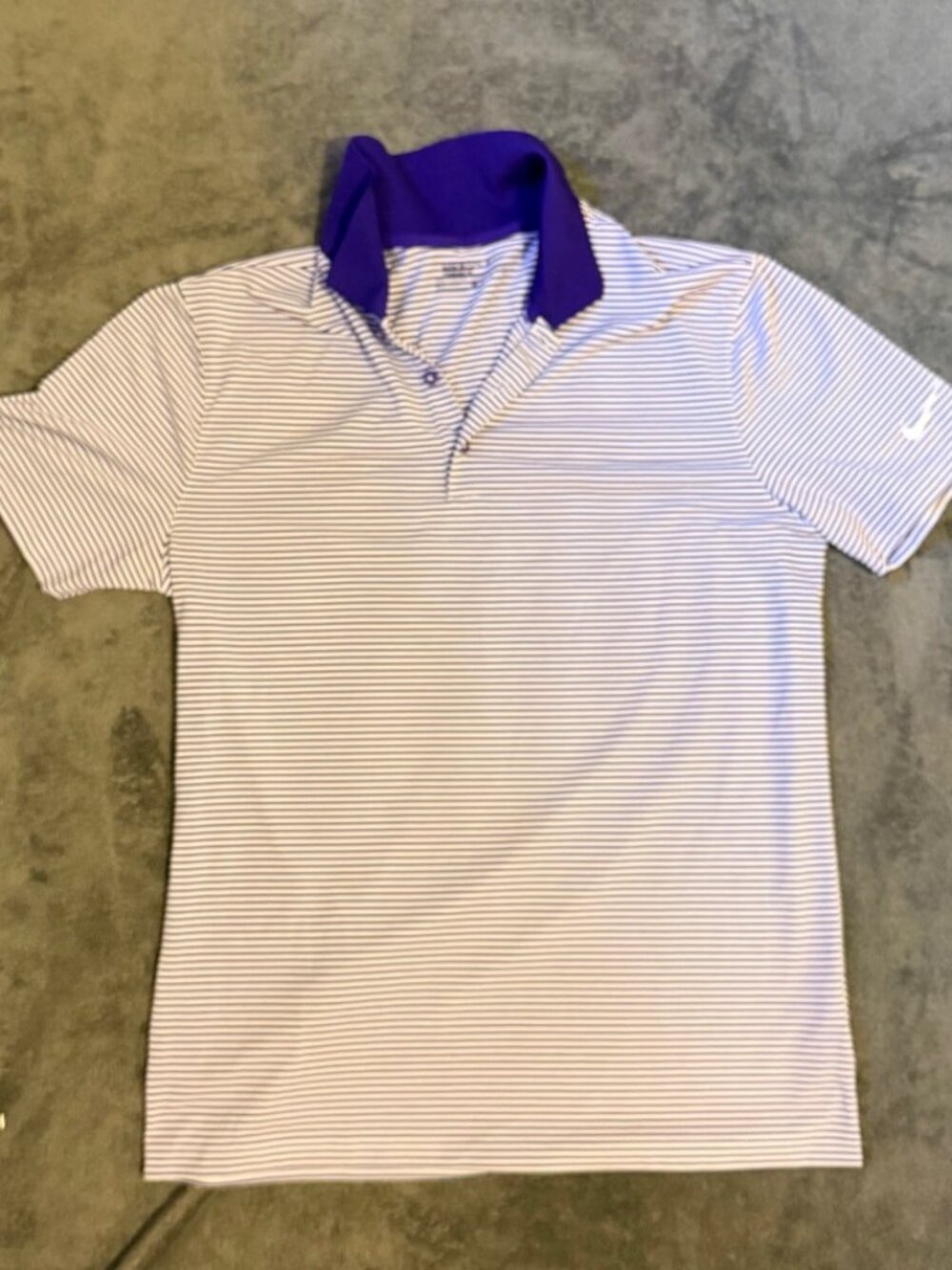 Nike Golf Polo Shirt White Purple Pinstripe Dri-FIT Short Sleeve Swoosh